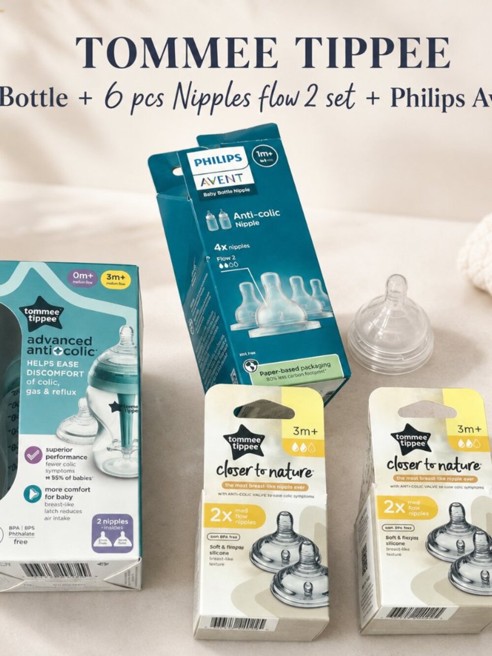 New Authentic TOMMEE TIPPEE Bottle + 6 pcs Nipples flow 2 set + Philips Avent